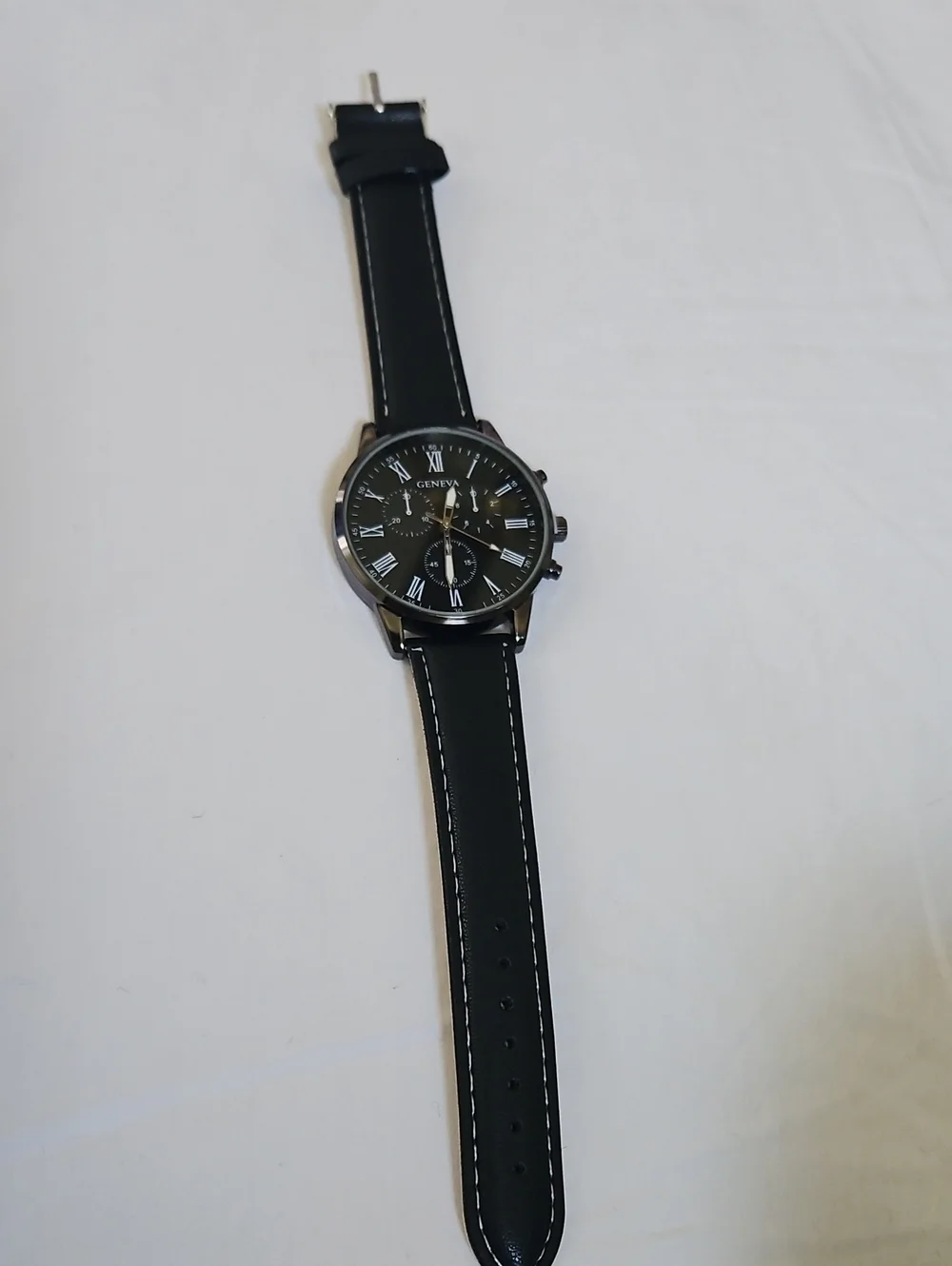 Geneva Black Men's Leather Strap Watch with White Stitching